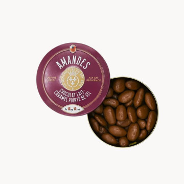Boite d'amandes enrobées de chocolat au lait et caramel