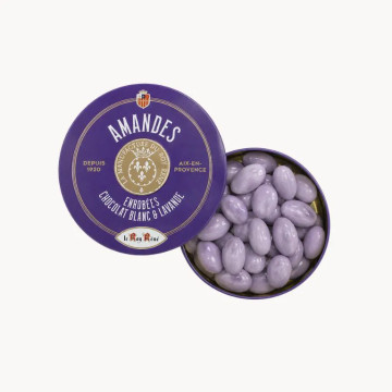 Almonds coated in white chocolate and lavender
