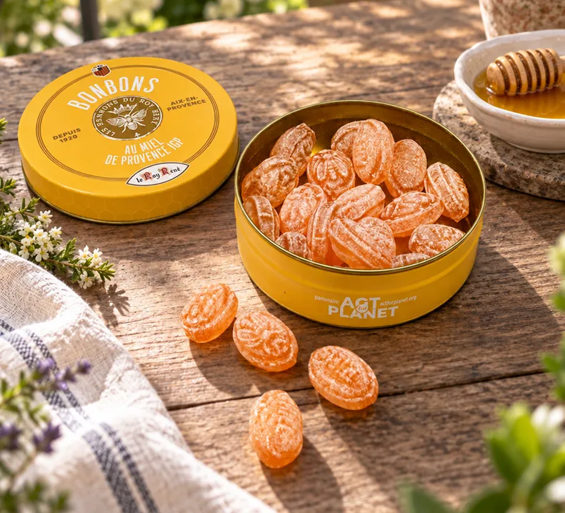 A round, yellow metal tin of Roy René’s Provence PGI honey sweets, sitting on a sunny wooden table.